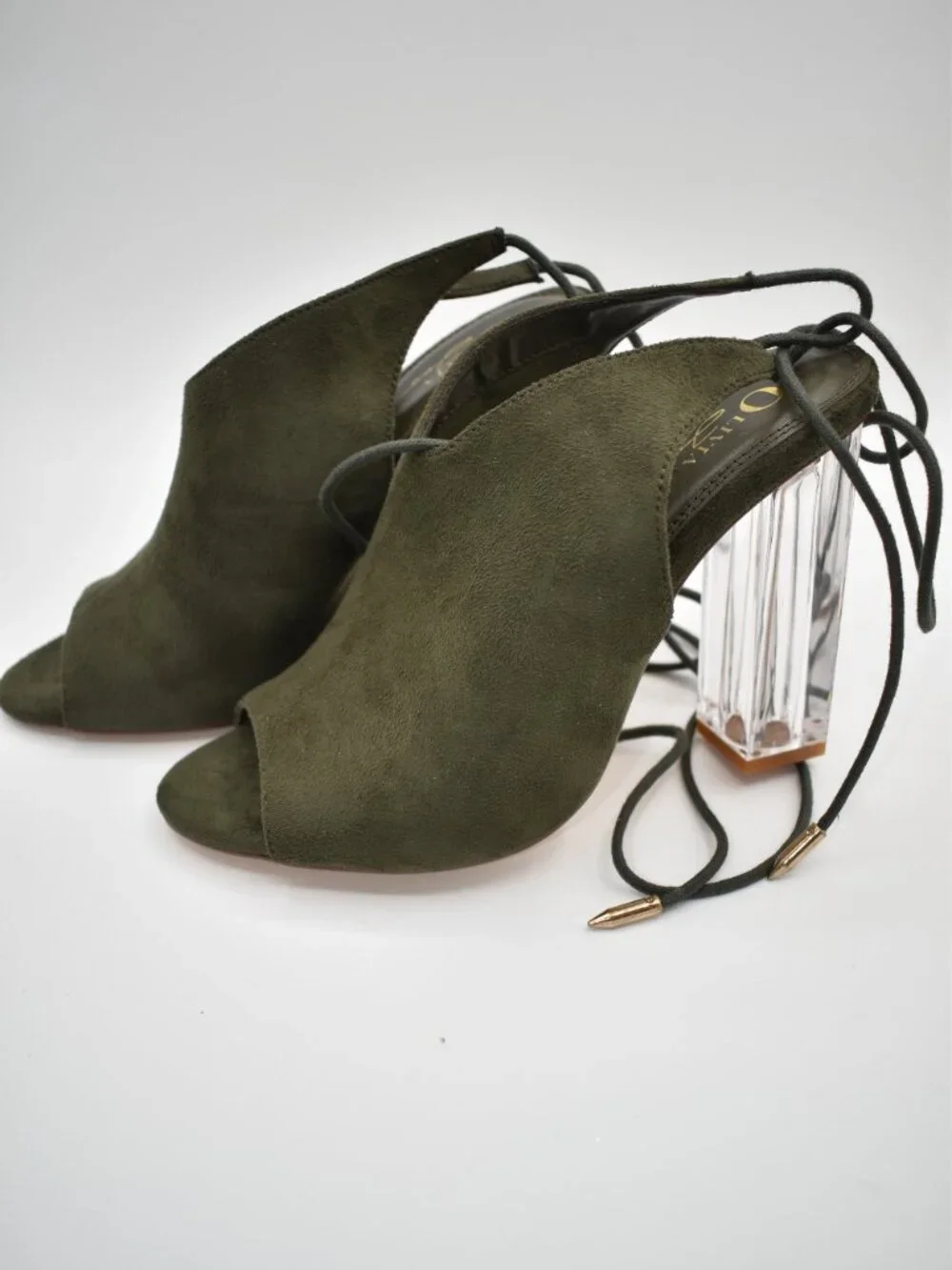 New w/ Box 7.5 Olive Green Olivia Jaymes Suede Clear Block Heel Lace Up Open Toe